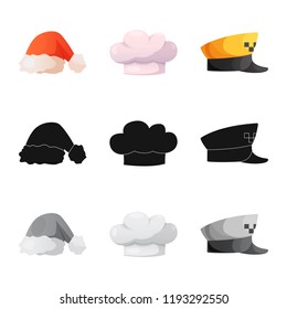 Vector illustration of headgear and cap icon. Set of headgear and accessory vector icon for stock.