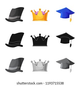 Vector illustration of headgear and cap icon. Set of headgear and accessory stock symbol for web.