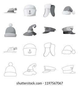 Vector illustration of headgear and cap icon. Set of headgear and accessory vector icon for stock.