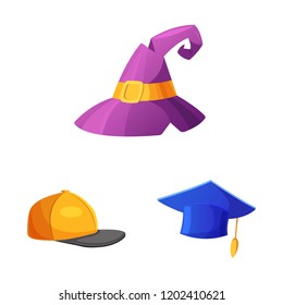 Vector illustration of headgear and cap icon. Set of headgear and accessory vector icon for stock.