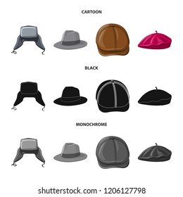 Vector illustration of headgear and cap icon. Collection of headgear and accessory stock vector illustration.