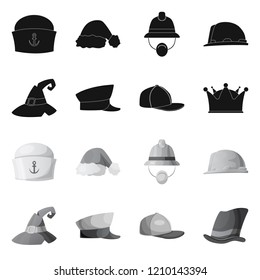 Vector illustration of headgear and cap icon. Set of headgear and headwear vector icon for stock.