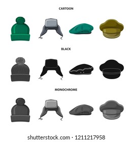 Vector illustration of headgear and cap icon. Collection of headgear and accessory vector icon for stock.