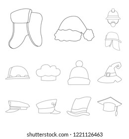 Vector illustration of headgear and cap icon. Set of headgear and accessory vector icon for stock.