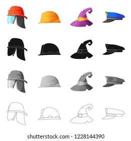 Vector illustration of headgear and cap icon. Set of headgear and headwear stock symbol for web.