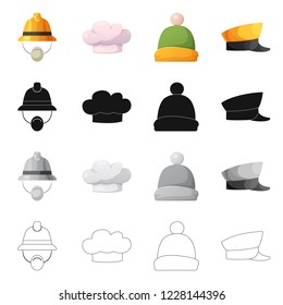 Vector illustration of headgear and cap icon. Set of headgear and headwear stock symbol for web.