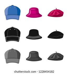 Vector illustration of headgear and cap icon. Set of headgear and accessory vector icon for stock.