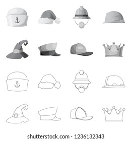 Vector illustration of headgear and cap icon. Set of headgear and headwear vector icon for stock.