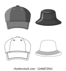 Vector illustration of headgear and cap icon. Set of headgear and accessory stock vector illustration. Vector illustration of headgear and cap icon. Set of headgear and accessory stock vector illustration.