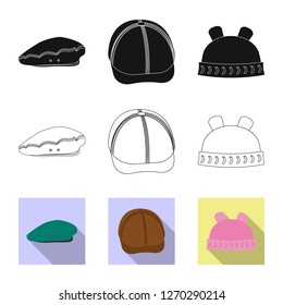 Vector illustration of headgear and cap icon. Set of headgear and accessory stock vector illustration.