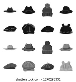 Vector illustration of headgear and cap icon. Set of headgear and accessory stock vector illustration.