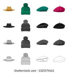 Vector illustration of headgear and cap icon. Collection of headgear and accessory vector icon for stock.
