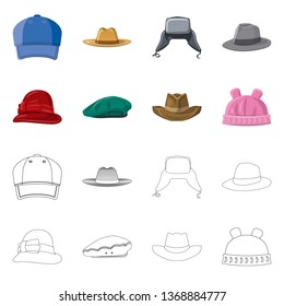 Vector illustration of headgear and cap icon. Collection of headgear and accessory vector icon for stock.