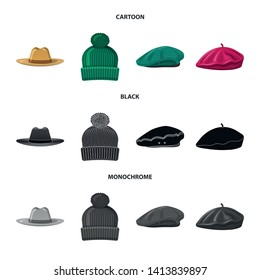 Vector illustration of headgear and cap icon. Set of headgear and accessory stock symbol for web.