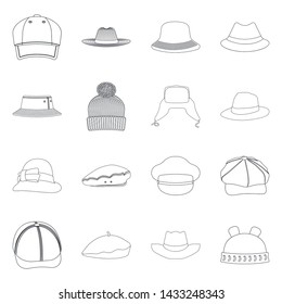 Vector illustration of headgear and cap icon. Set of headgear and accessory vector icon for stock.