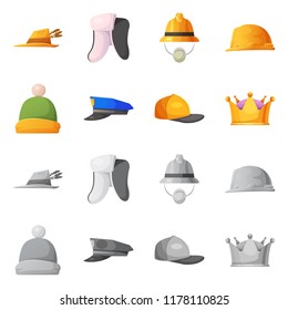 Vector illustration of headgear and cap logo. Collection of headgear and accessory vector icon for stock.