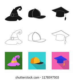 Vector illustration of headgear and cap logo. Set of headgear and accessory stock symbol for web.