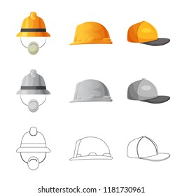 Vector illustration of headgear and cap logo. Collection of headgear and accessory stock symbol for web.