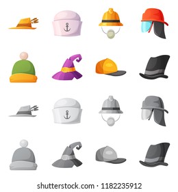 Vector illustration of headgear and cap logo. Collection of headgear and accessory stock symbol for web.