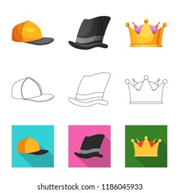 Vector illustration of headgear and cap logo. Collection of headgear and accessory stock symbol for web.