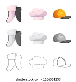 Vector illustration of headgear and cap logo. Set of headgear and accessory stock vector illustration.