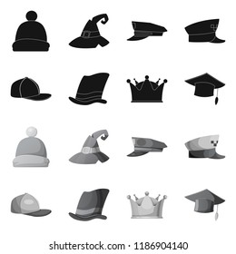 Vector illustration of headgear and cap logo. Set of headgear and accessory vector icon for stock.