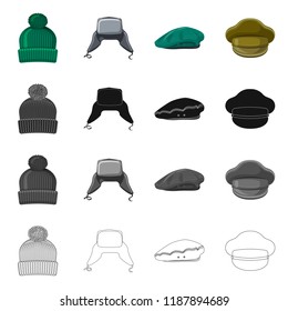 Vector illustration of headgear and cap logo. Set of headgear and accessory vector icon for stock.
