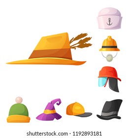 Vector illustration of headgear and cap logo. Collection of headgear and accessory vector icon for stock.