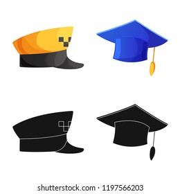 Vector illustration of headgear and cap logo. Collection of headgear and accessory stock vector illustration.