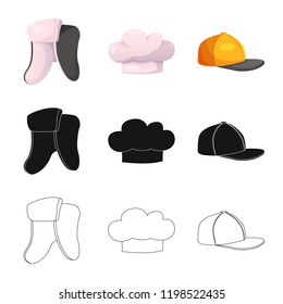 Vector illustration of headgear and cap logo. Set of headgear and accessory stock vector illustration.