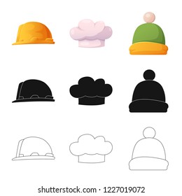 Vector illustration of headgear and cap logo. Collection of headgear and headwear stock symbol for web.