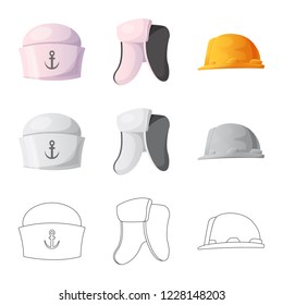 Vector illustration of headgear and cap logo. Set of headgear and headwear stock symbol for web.