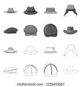 Vector illustration of headgear and cap logo. Collection of headgear and accessory stock vector illustration.