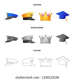 Vector illustration of headgear and cap logo. Collection of headgear and accessory stock vector illustration.