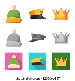 Vector illustration of headgear and cap logo. Collection of headgear and accessory vector icon for stock.