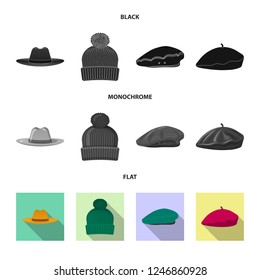 Vector illustration of headgear and cap logo. Collection of headgear and accessory stock vector illustration.