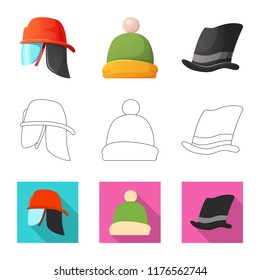 Vector illustration of headgear and cap sign. Collection of headgear and accessory stock vector illustration.