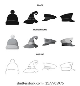 Vector illustration of headgear and cap sign. Set of headgear and accessory stock symbol for web.