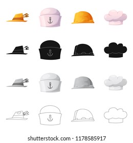 Vector illustration of headgear and cap sign. Collection of headgear and accessory vector icon for stock.