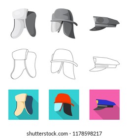 Vector illustration of headgear and cap sign. Collection of headgear and accessory stock vector illustration.