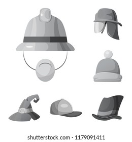 Vector illustration of headgear and cap sign. Set of headgear and accessory stock symbol for web.