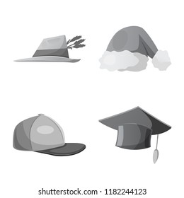 Vector illustration of headgear and cap sign. Set of headgear and accessory stock vector illustration.