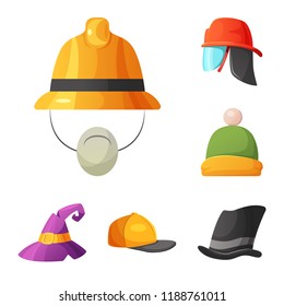 Vector illustration of headgear and cap sign. Collection of headgear and accessory vector icon for stock.