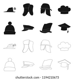 Vector illustration of headgear and cap sign. Collection of headgear and accessory stock vector illustration.
