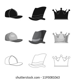 Vector illustration of headgear and cap sign. Set of headgear and accessory stock symbol for web.