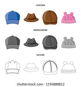 Vector illustration of headgear and cap sign. Set of headgear and accessory stock vector illustration.
