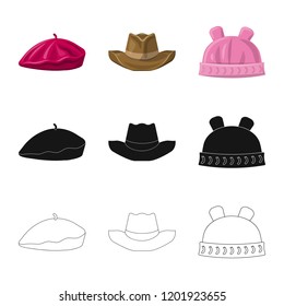 Vector illustration of headgear and cap sign. Collection of headgear and accessory vector icon for stock.