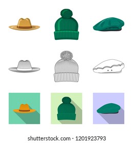 Vector illustration of headgear and cap sign. Collection of headgear and accessory stock symbol for web.