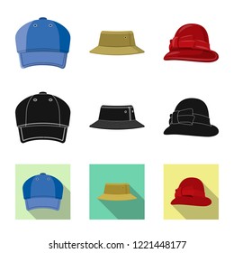 Vector illustration of headgear and cap sign. Collection of headgear and accessory stock symbol for web.