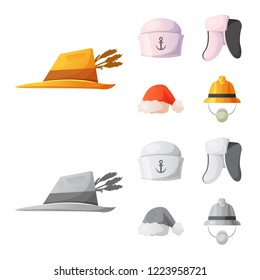 Vector illustration of headgear and cap sign. Collection of headgear and accessory vector icon for stock.